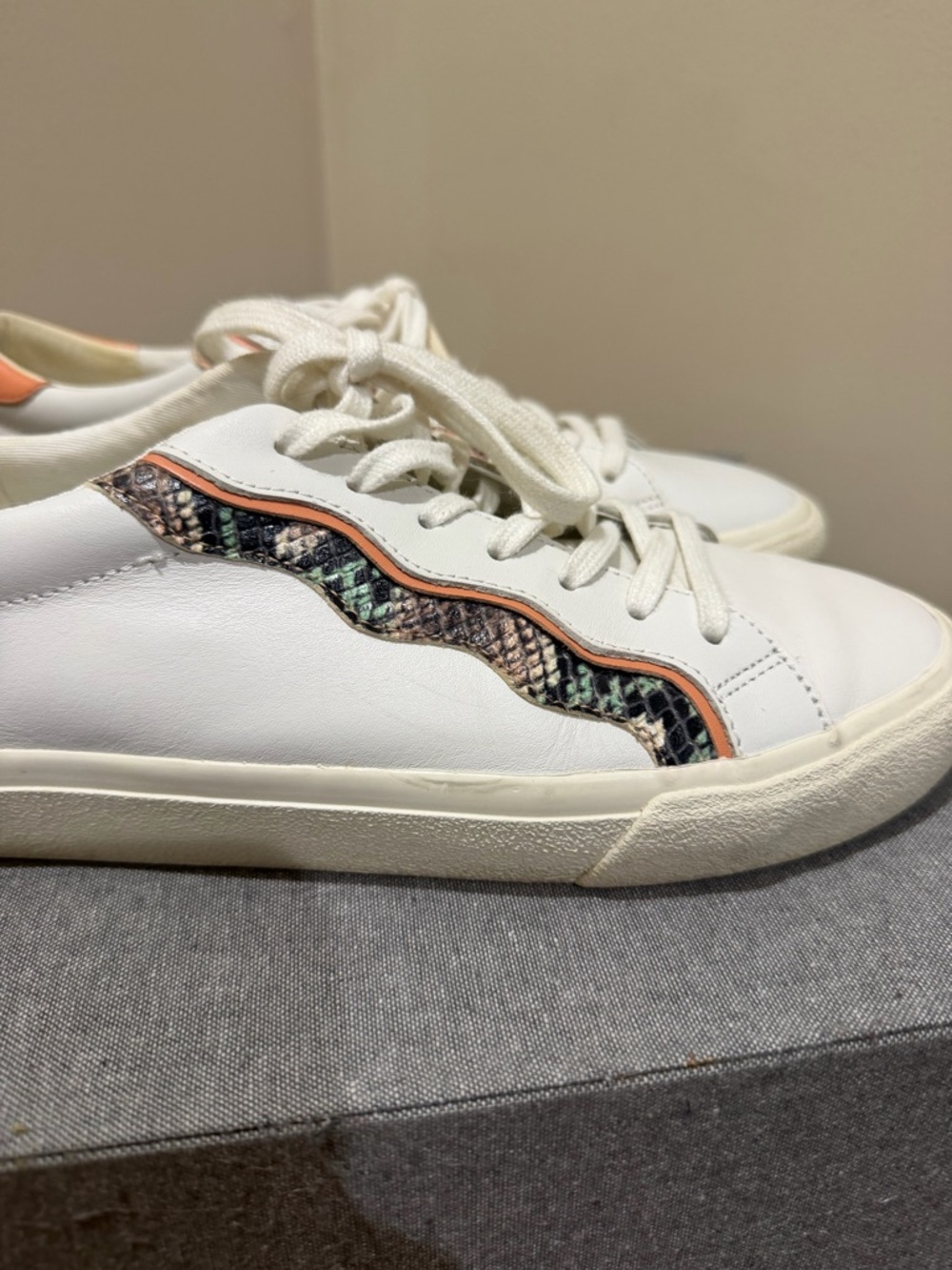 Madewell Sidewalk White Leather Sneakers with Peach Trim and Snake-Print Accent - Picture 5 of 9